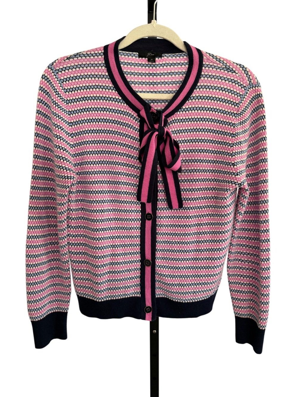 J. Crew Cotton Merino Wool Lady Cardigan Pink Striped Bow Tie Cardigan Sweater M